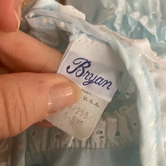 Bryan Blue Dress Size 6-9 Months White Lace Polka Dots Frilly Ruffle 3  Piece Vtg
